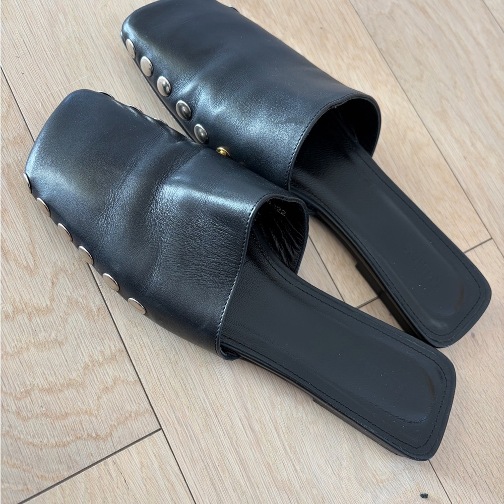 ALOHAS Black Leather Mules with Silver Accents